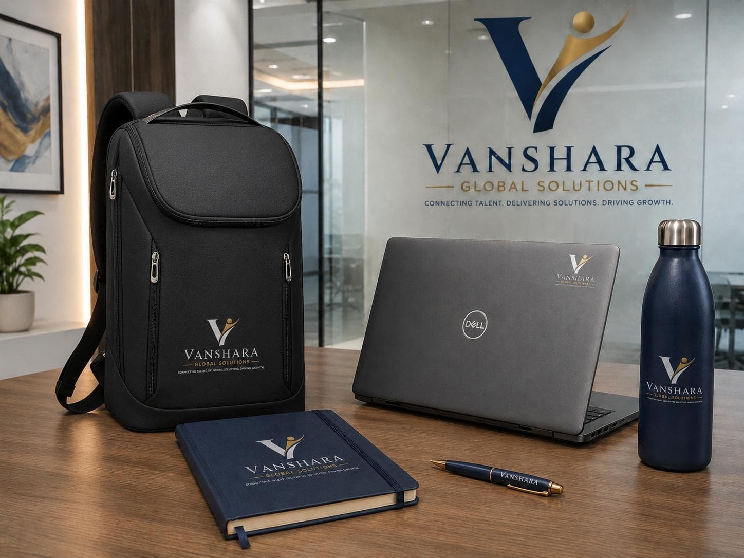 Vanshara Global Solutions branded backpack, laptop and bottle