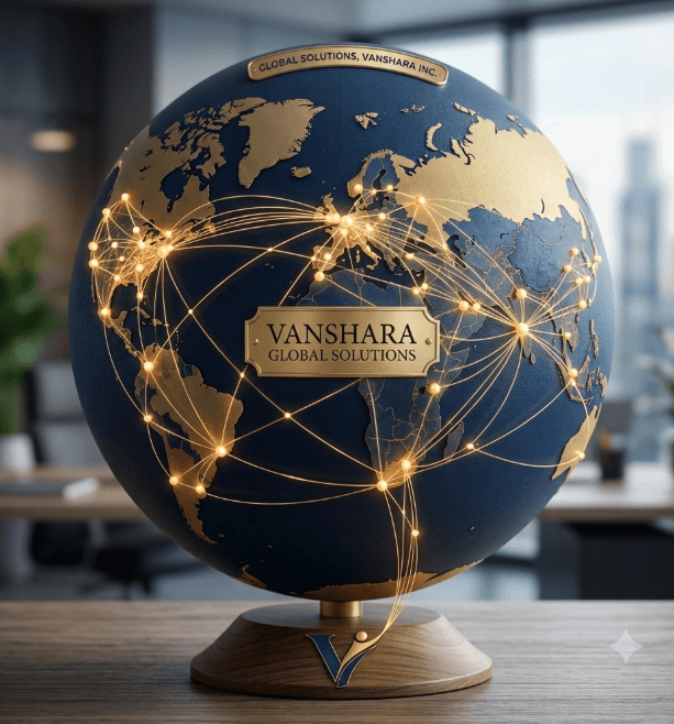 Globe illustrating Vanshara Global Solutions' worldwide talent network